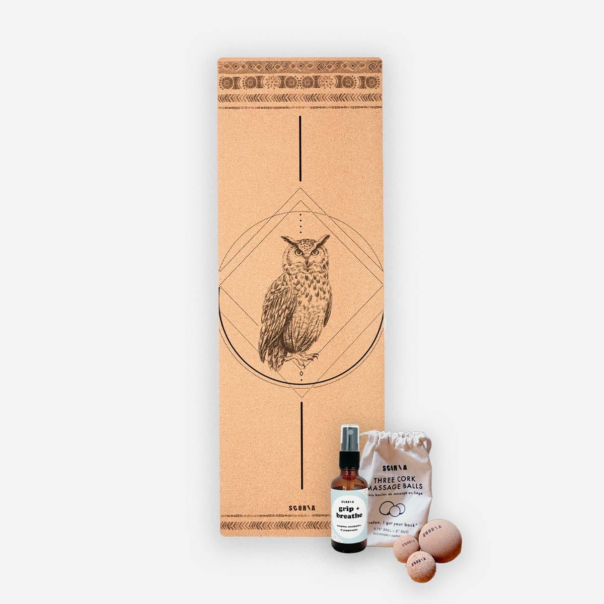 Pack amoureux de la nature : tapis hibou + balles de massage + spray respiratoire 