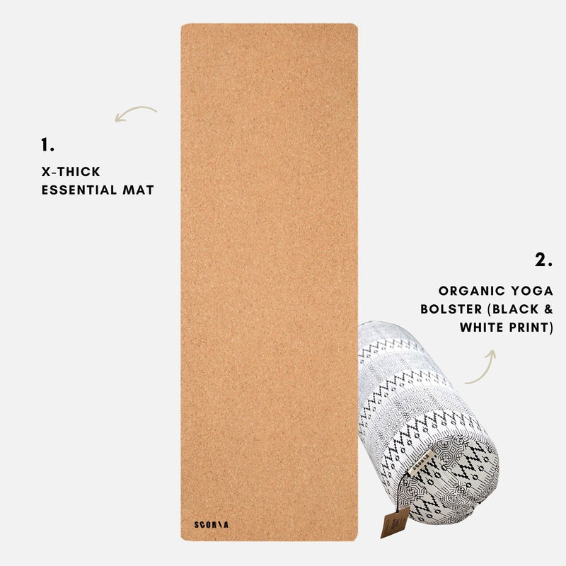 Restorative Pack: Extra-Thick Essential Cork Mat + Black & White Bolster