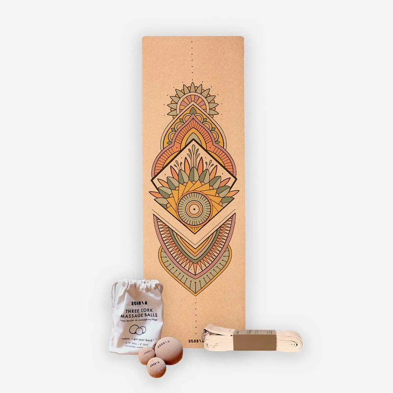 Pack Bold Yogi : Tapis en liège Mandala + Balles de massage + Sangle extensible 